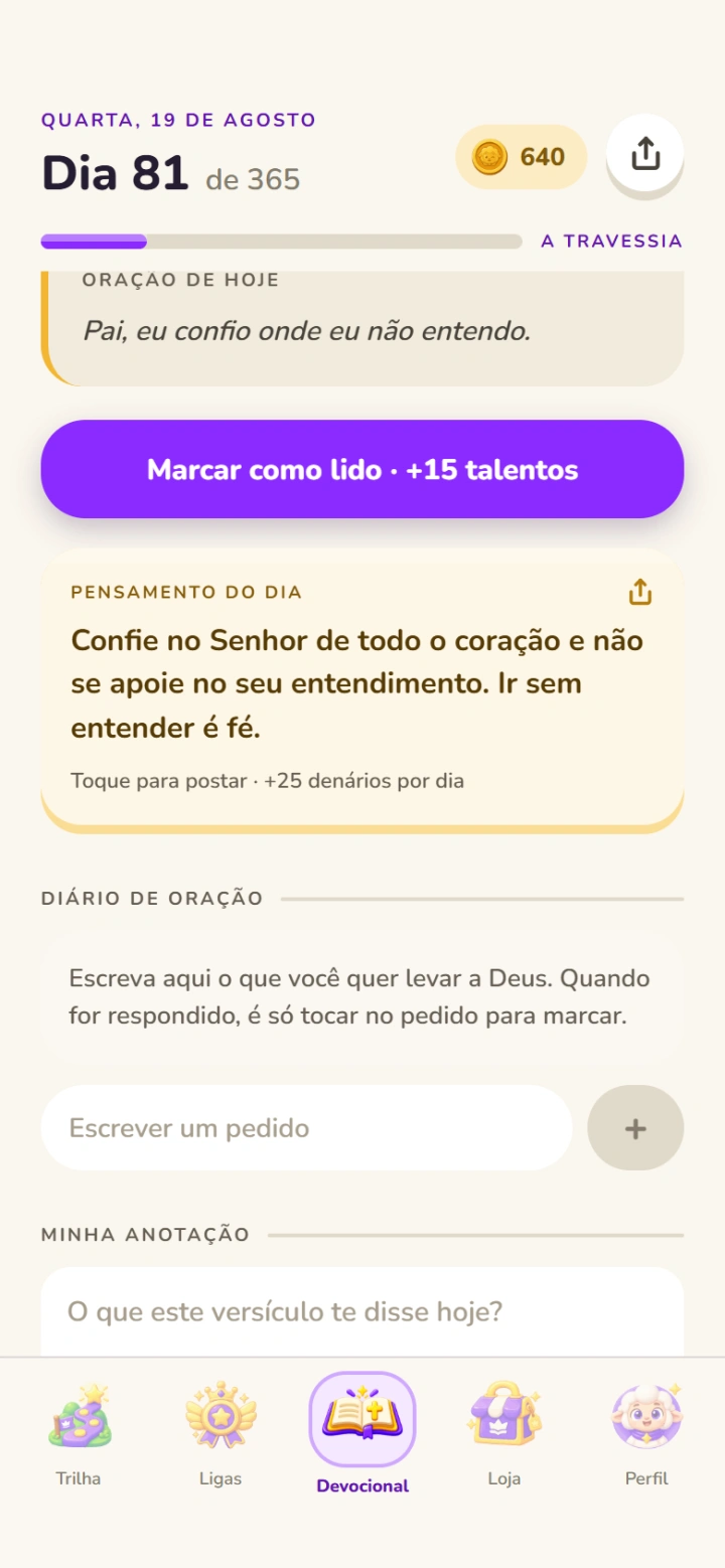 O devocional do dia, com o versículo e o comentário do mentor