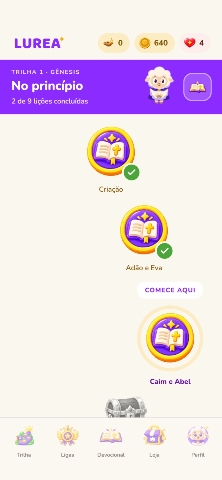 Tela de escolha do mentor, com Jesus, Pedro, Davi e Moisés lado a lado